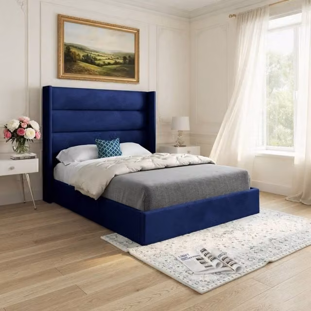 KDMD Shireshead Winged Upholstered Blue Velvet Designer Bed Frame W/D/H: 144 x 137 x 200 cm – 1