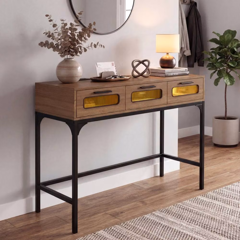 Gymax Khaki Console Table with LED Lights, Outlets and USB Ports, Width: 90 cm, Height: 75 cm – 7