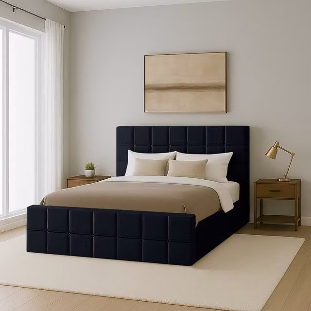 Desire Deco Andrea Upholstered Storage Bed in Black Velvet Fabric, W/D/H: 140 x 200 cm