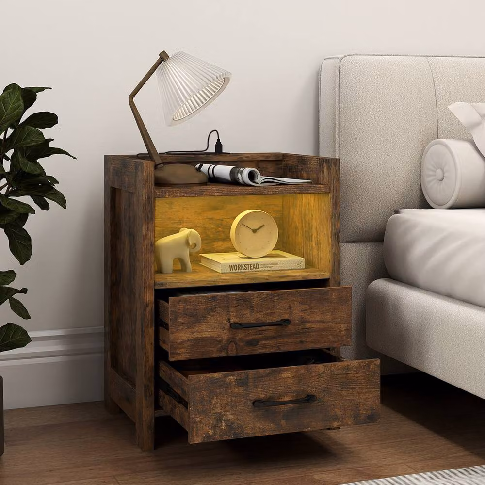 Gymax Modern Brown Nightstand with Integrated LED Lighting and Power Outlets – 7