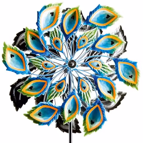 mysmartbuy Peacock Feather Wind Spinner, Multicolour Metal Kinetic Garden Sculpture, H 90 x W 35 x D 15 cm – 2