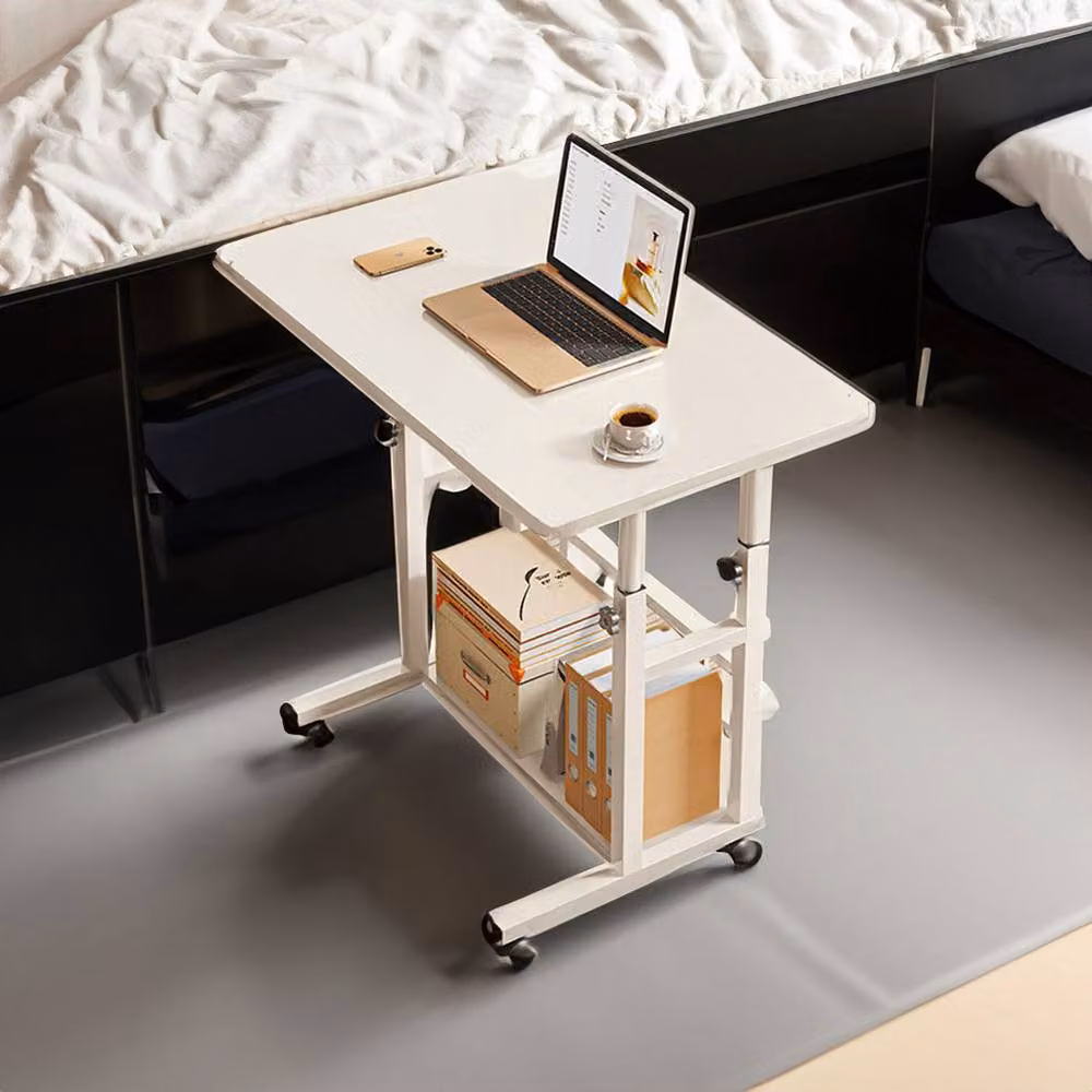 Living and Home Height Adjustable 2-Tier Mobile Overbed Desk with Shelves and Castors in White – 5