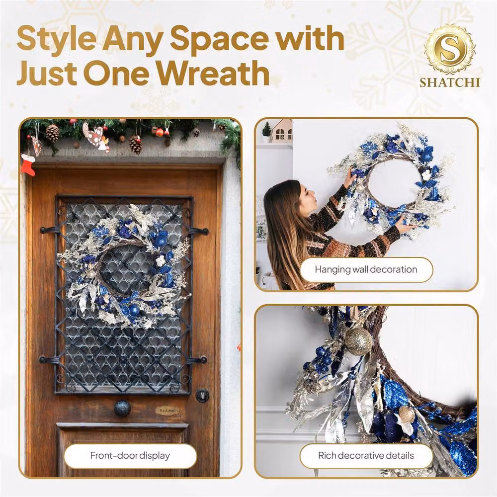 Shatchi Gold and Blue Baubles Christmas Wreath, Diameter: 58 cm – 5