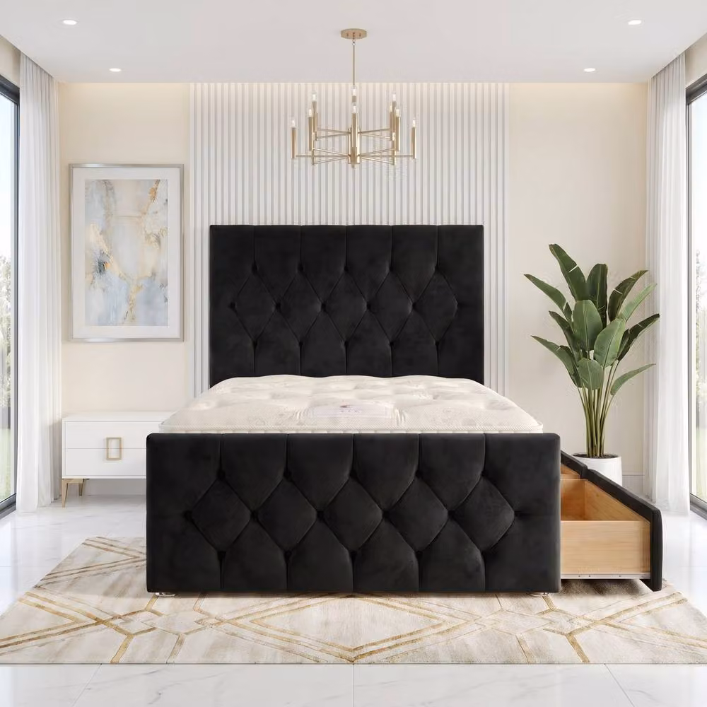 Somnior Ziggy Black Velvet Divan Bed with 2 Drawers, Mattress, 54 inch Headboard and 22 inch Footboard, Super King, W/D/H: 200 x 160 x 28 cm – 2