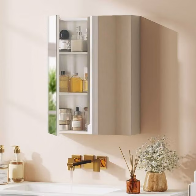HOMCOM Wall Mounted Bathroom Mirror Storage Cabinet with Hinged Doors and Adjustable Internal Shelves, White, W: 60 cm, H: 75 cm