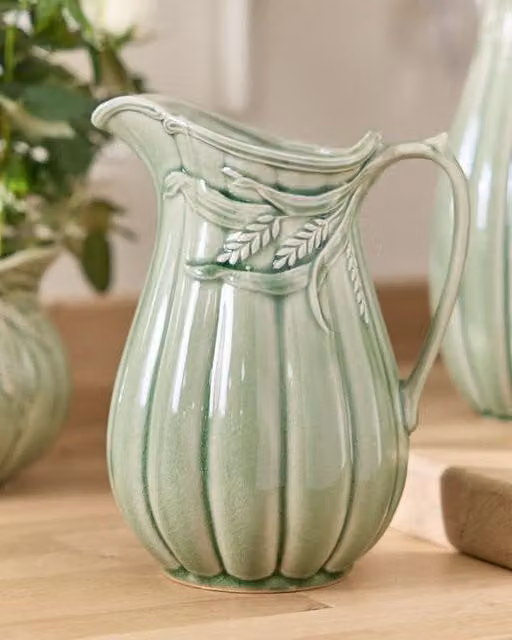 Dibor Traditional Green and White Ceramic Flower Jug Pitcher for Tabletop Decor – 1