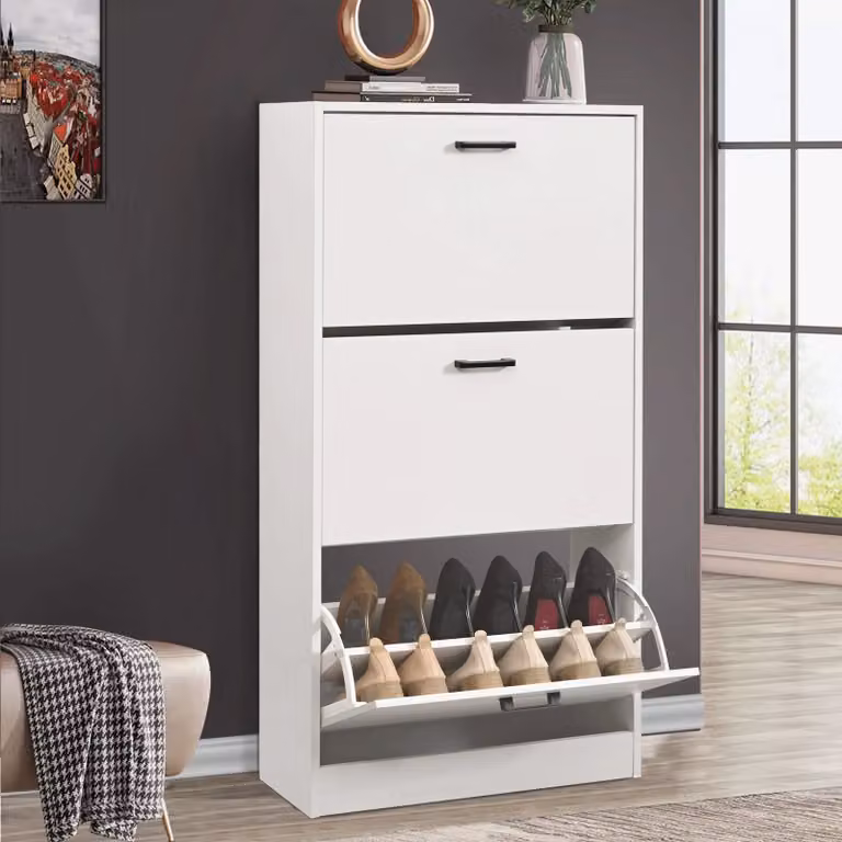 DHS Modern White Matt Slim Shoe Cabinet with 3 Tilting Compartments for Hallway Storage