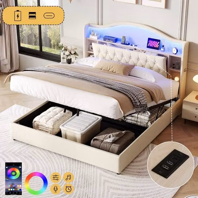 Matteo King Upholstered Bed Frame in Beige with Hydraulic Storage, LED Headboard and USB Charging Port, W/D/H: 180 x 200 x 157 cm