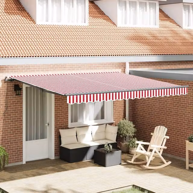 Berkfield Home Manual Retractable Wall-Mounted Folding Arm Awning in Red and White Stripe, W: 400 cm, D: 350 cm