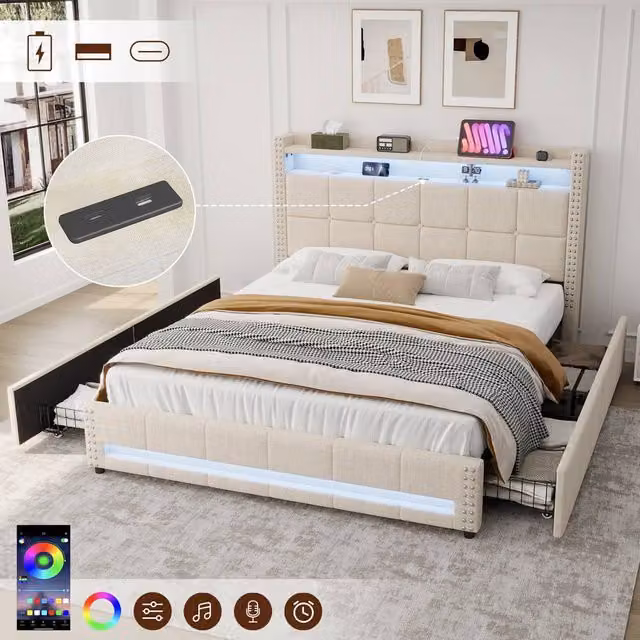 Matteo 4ft6 Double Upholstered Bed with LED Storage and USB/Type-C Charging in Beige – 1