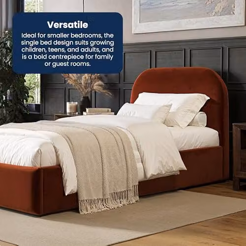 Flair Furnishings Alba Single Ottoman Bed Frame with Storage and Curved Headboard in Orange Velvet, W/D/H: 90 x 190 x 105 cm – 6