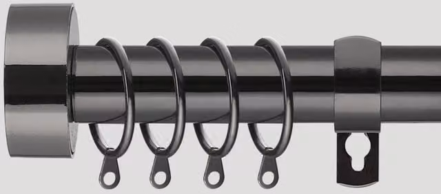 Home Treats Adjustable Metal Curtain Pole Set with Flat Finials, Brackets, Rings and Fittings, Black, up to 325 cm