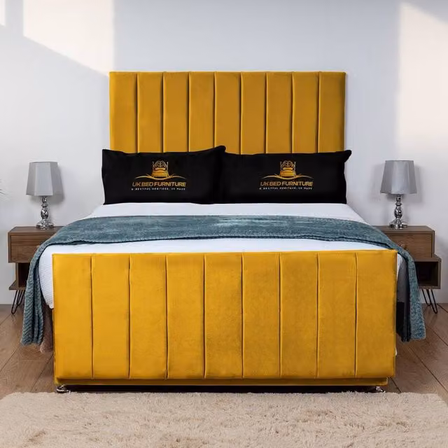 UK Bed Furniture Hampton Divan Bed Base with 26 Inch Headboard in Yellow Velvet, W/D/H: 140 x 200 cm