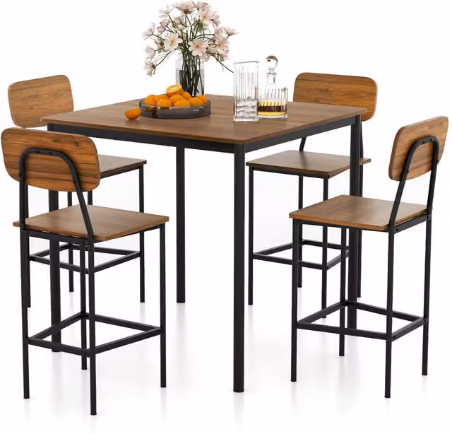 Gymax Industrial Dining Table Set with 4 Bar Stools in Brown – 1
