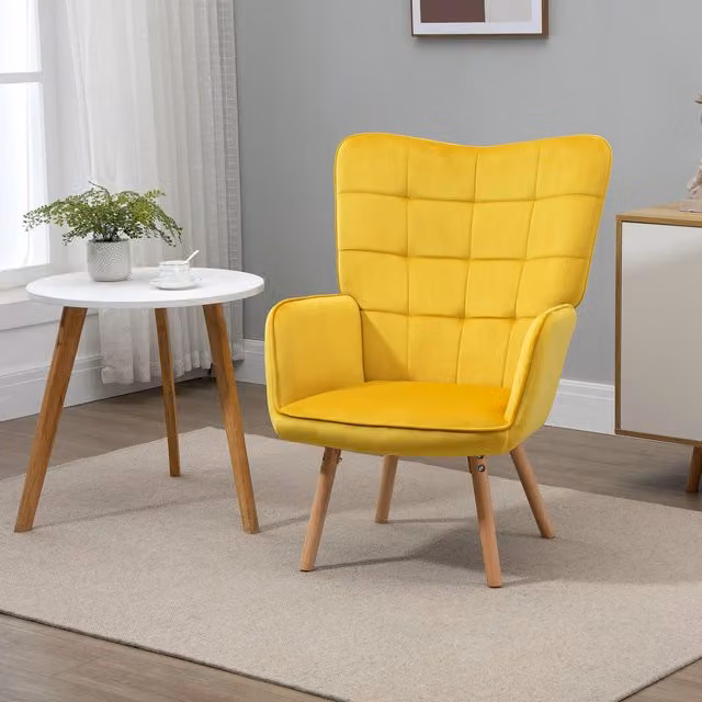 HOMCOM Wingback Armchair in Yellow Velvet-touch Polyester Fabric with Wood Legs