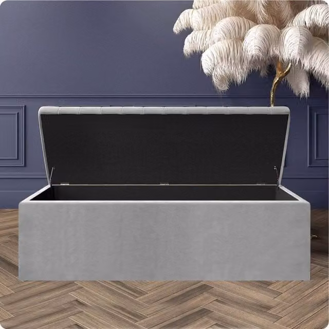 R&M Furnishers Silver Plush Velvet Striped Upholstered Blanket Chest and End of Bed Bench