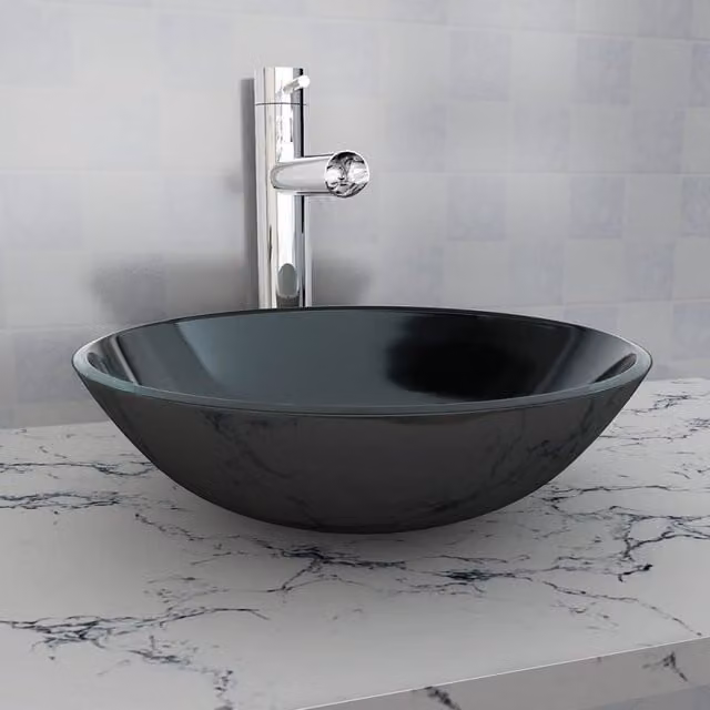 Berkfield Home Black Tempered Glass Basin, Diameter: 42 cm
