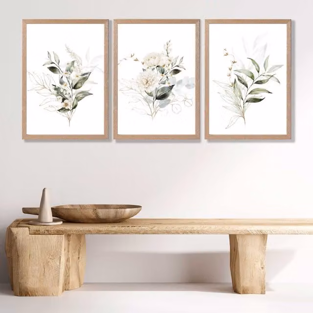 ARTZE Set of 3 White and Green Floral Bouquet Wall Art Prints with Oak Frame, W53 x H73 x D0.2 cm