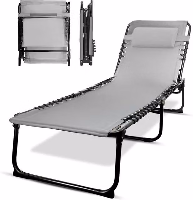 Keplin Foldable Recliner Sun Lounger in Grey with Adjustable Headrest and Leg Rests, W/D/H: 190 x 65 x 30 cm