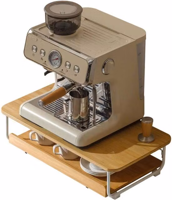 Kelvenix Bamboo Coffee Machine and Tea Cup Storage Stand in Natural Brown and Sand, W/D/H: 43.0 x 31.5 x 14.0 cm