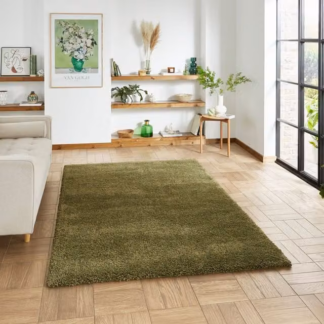 Terrys Modern Rectangular Shaggy Rug in Green Polypropylene with Stain Resistance