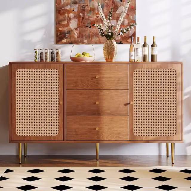 Merax Walnut Rattan Sideboard in Brown with Adjustable Shelves and Drawers