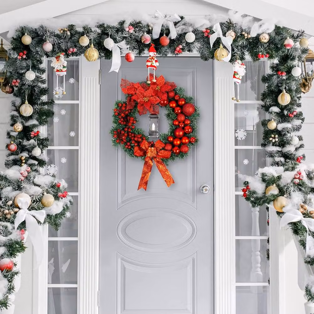 Globrite Red Christmas Wreath with Bows, Baubles and Lantern, Diameter: 40 cm – 8