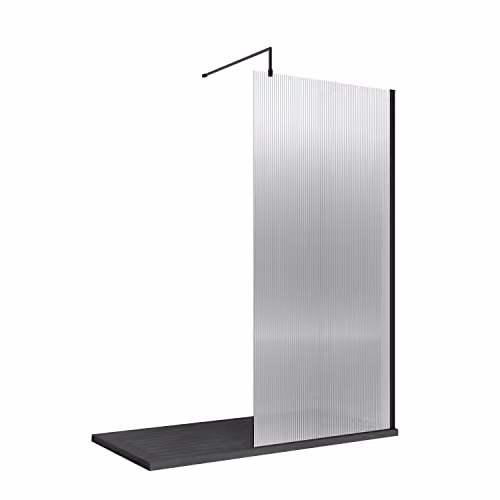 nuie WRFL18580BP Fluted Modern Bathroom Wetroom Screen with Bar, 8mm Toughened Safety Glass, W: 800 mm, H: 1850 mm, Satin Black – 1