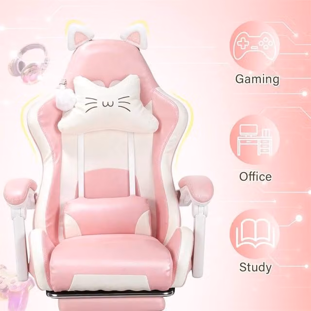 NESTLUNE Pink Gaming Chair with Cat Ears, Height Adjustable and 360 Degree Swivel