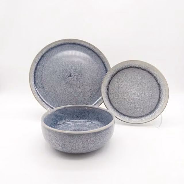 Glim & Glam Reactive Ash Blue Glaze Stoneware Dinner Set for 6 Adults