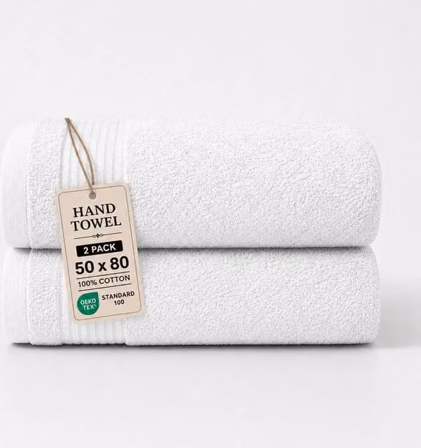 Grace Premium Fluffy Cotton 500 GSM Hand Towels, 2 Pack, White
