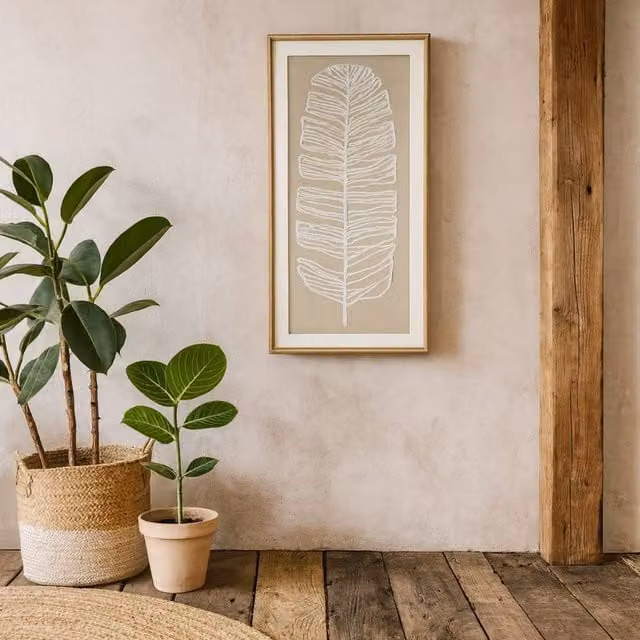 Wyld Haus Large White Feather Art on Cream Linen with Brown Beaded Wood Frame