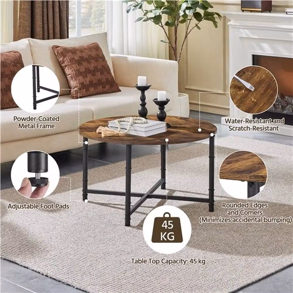 KORVIXA Industrial Round Coffee Table in Brown and Black, W/D/H: 100 x 45 x 15 cm – 4
