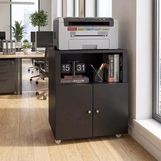 VOGREX Heavy Duty Metal Printer Stand with Wheels and Storage Cabinet in Black