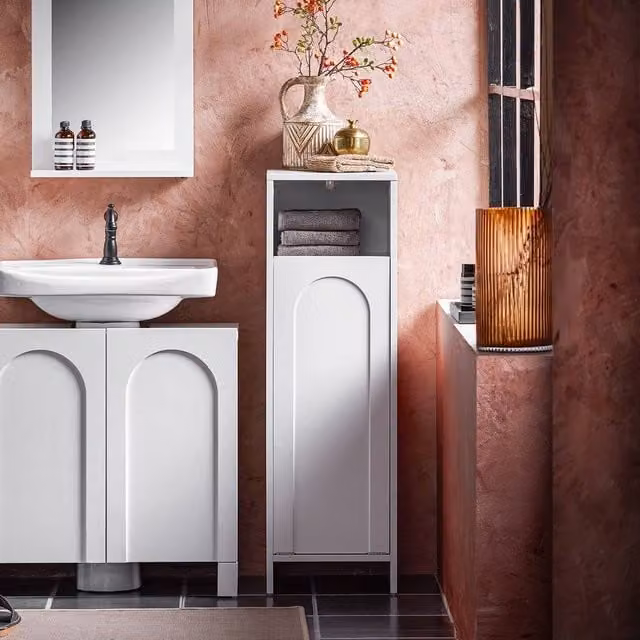 SoBuy Slim White Bathroom Cabinet with Hinged Doors and Pull-Out Laundry Bag
