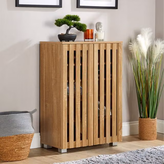 Home Source Halden 2 Door Slatted Front Shoe Storage Cabinet in Oak Effect