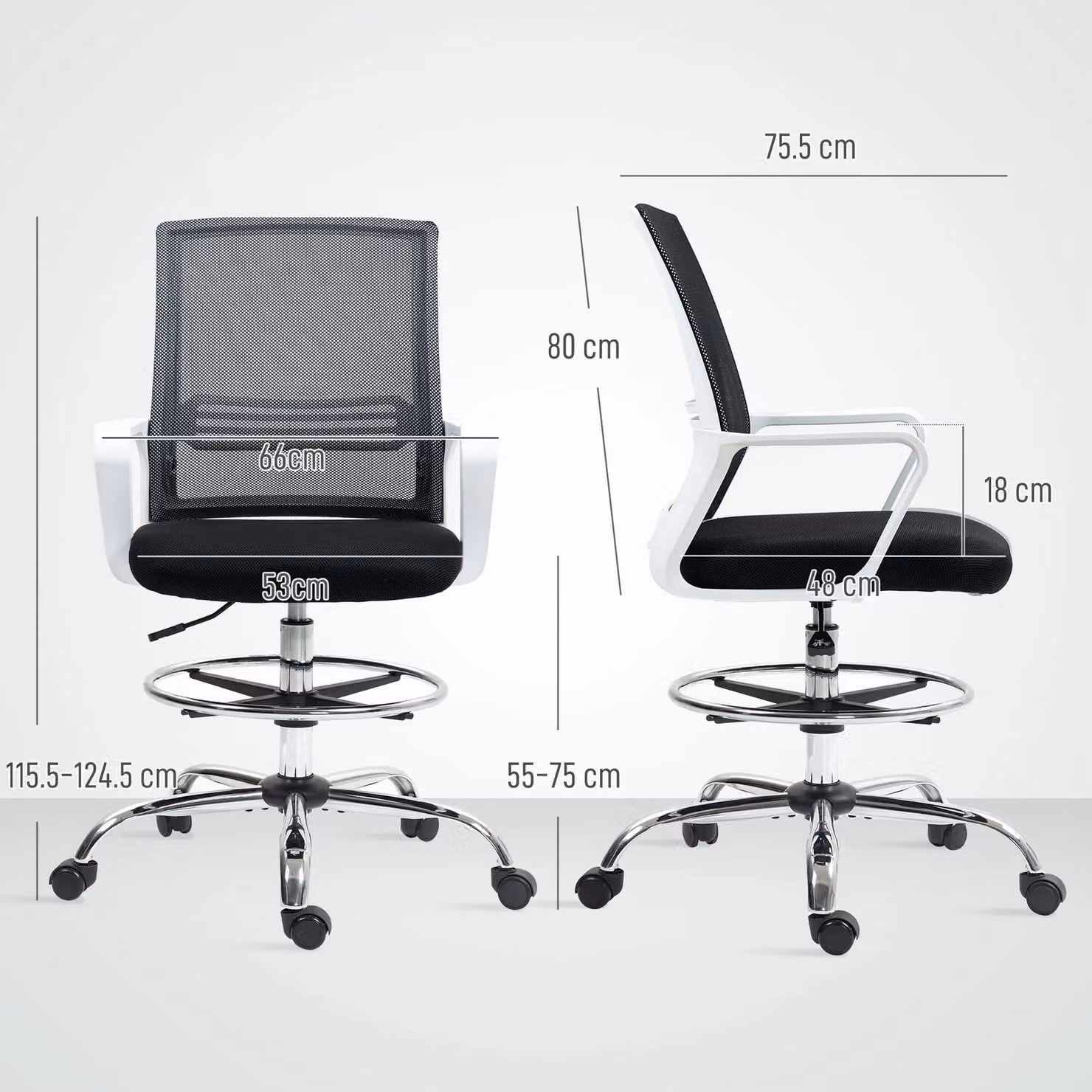 HOMCOM Black Fabric Drafting Chair with Swivel and Foot Ring – 3