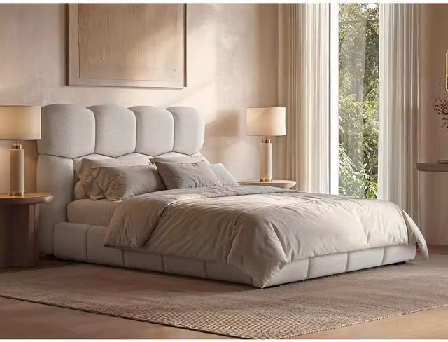 Solace+Co Modern Upholstered Bed in Beige and White, W: 140 cm, L: 200 cm