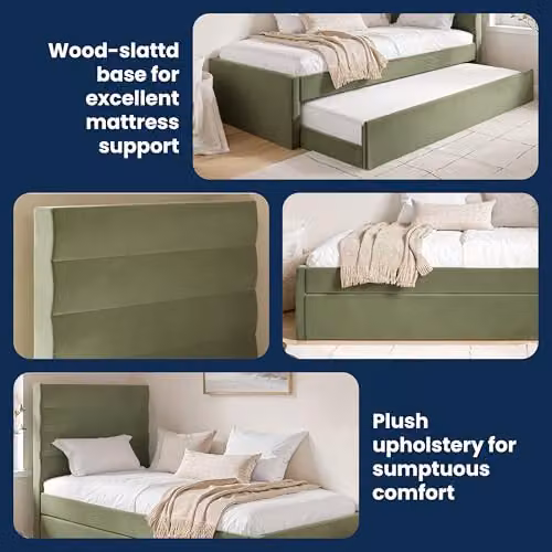 Flair Ari Upholstered Single Bed with Trundle in Green Velvet and Beige Bouclé, W/D/H: 90 x 190 cm – 5