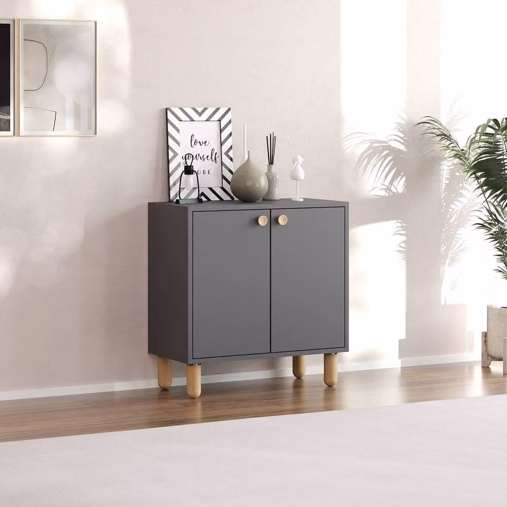 CALICOSY LINA Small 2-Door Sideboard in Grey with Solid Beech Legs – 2