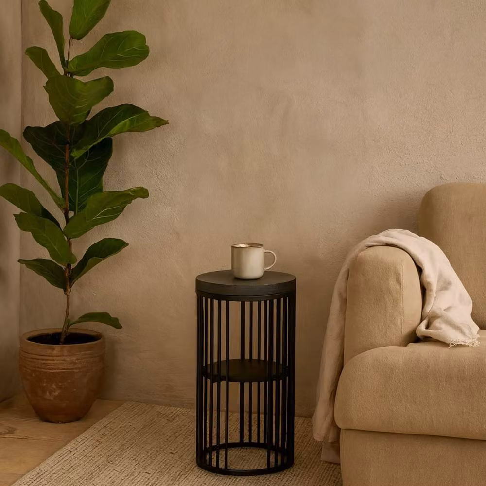 Wyld Haus Dublin Round Bedside Table with Black Marble Effect Top and Black Steel Frame, H 65 cm x W 35 cm x D 35 cm – 2