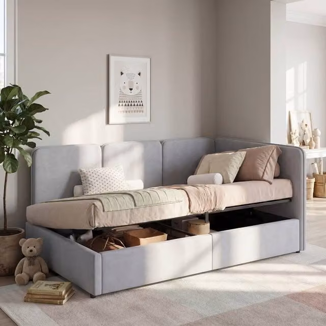 BTM Single Ottoman Daybed with Lift Up Storage, Grey Velvet Upholstered Chaise Bed Frame, W/D/H: 90 x 190 x 76.5 cm