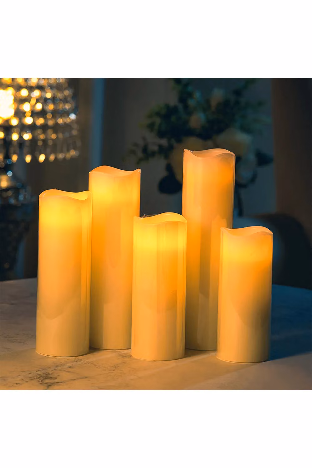 Living and Home 5-Piece Remote-Controlled LED Flameless Pillar Candle Set in Beige with Flicker Effect – 2