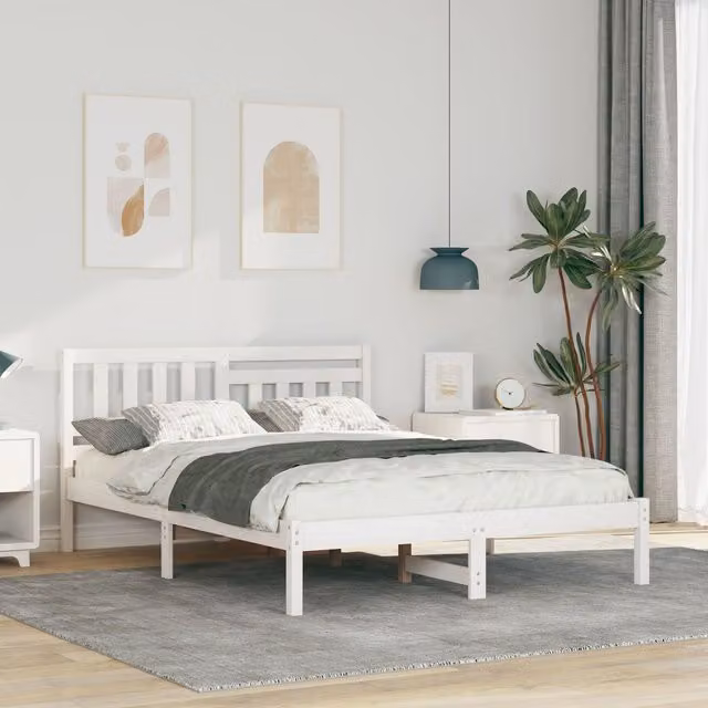 Berkfield Home White Solid Pine Wood Bed Frame with Headboard W/D/H: 135 x 190 x 80.5 cm