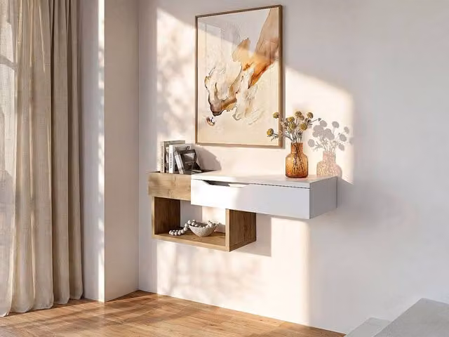 Vente-unique Wall-Mounted Console Table with 1 Drawer and 2 Niches in Light Oak