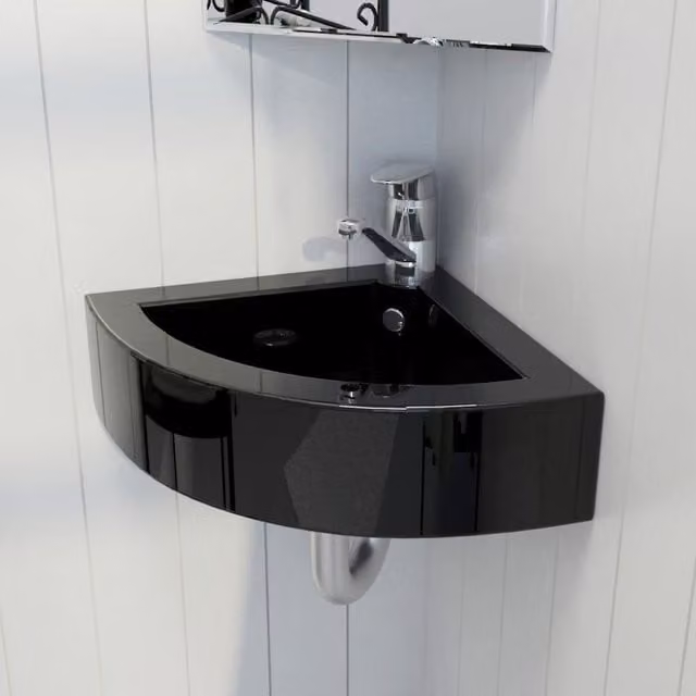 Berkfield Home Black Ceramic Corner Wash Basin with Overflow W: 45 cm, D: 32 cm, H: 12.5 cm