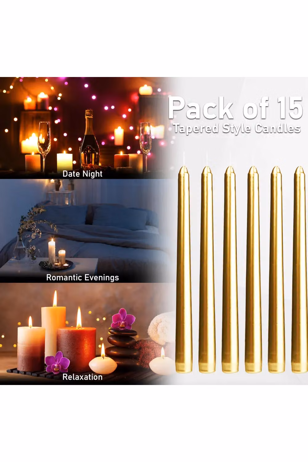 Deco Express Unscented Classic Dripless Tapered Metallic Dinner Candles in Gold, 15 Pack – 5
