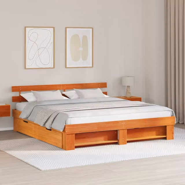 Berkfield Home Solid Pine Wood Bed with Storage Headboard and Drawer, Wax Brown, 200 x 200 cm