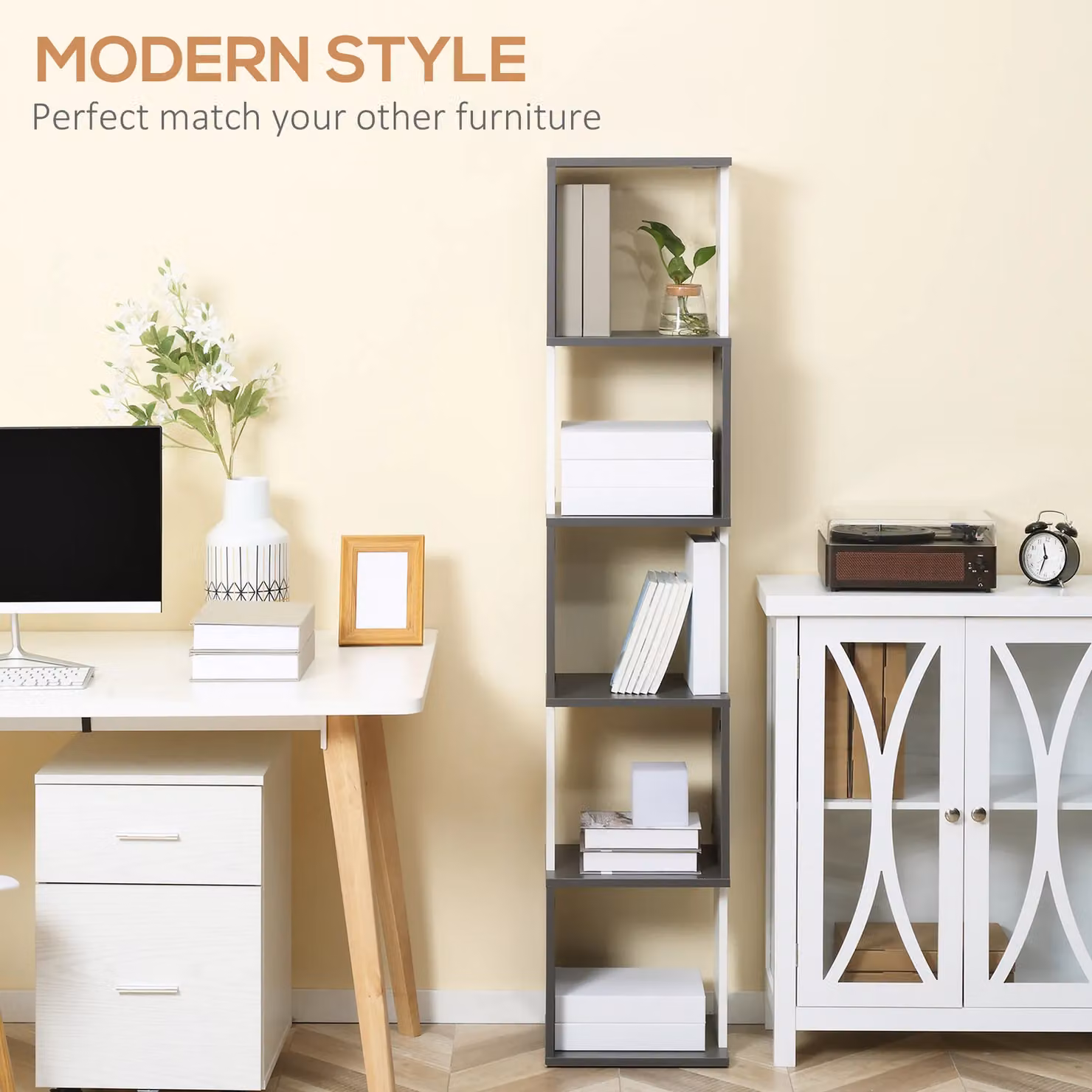 HOMCOM Modern 5-Tier Geometric Freestanding Bookshelf in White and Grey – 3