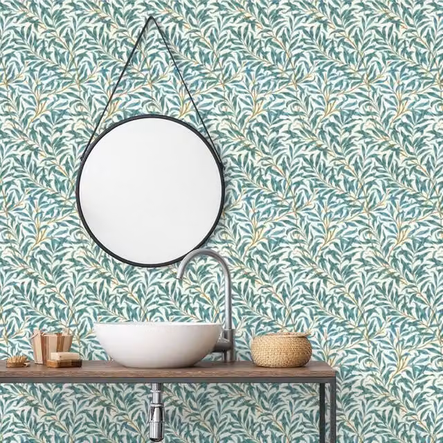 Clarke Clarke Willow Bough Leaf Botanical Floral Wallpaper in Petrol Teal